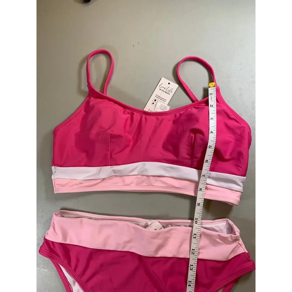 NWT Cupshe Pink Colorblock Sporty Bikini with High Rise Bottoms - Picture 3 of 9